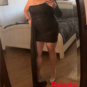 Windsor Black and Silver Sequin One-Shoulder Cocktail Dress